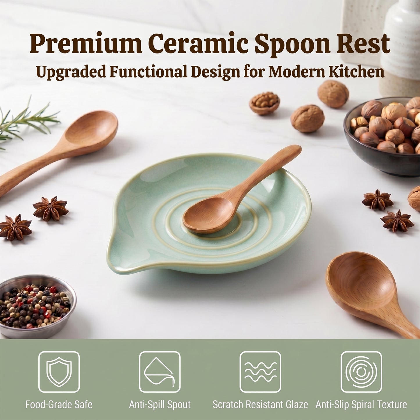 Onader 2-Piece Spoon Rest, 5" Ceramic Spoon Holder for Kitchen Utensils Soup Ladle Slotted Turner Spatula, Cooking Utensil Rest for Kitchen Countertop, Light Green