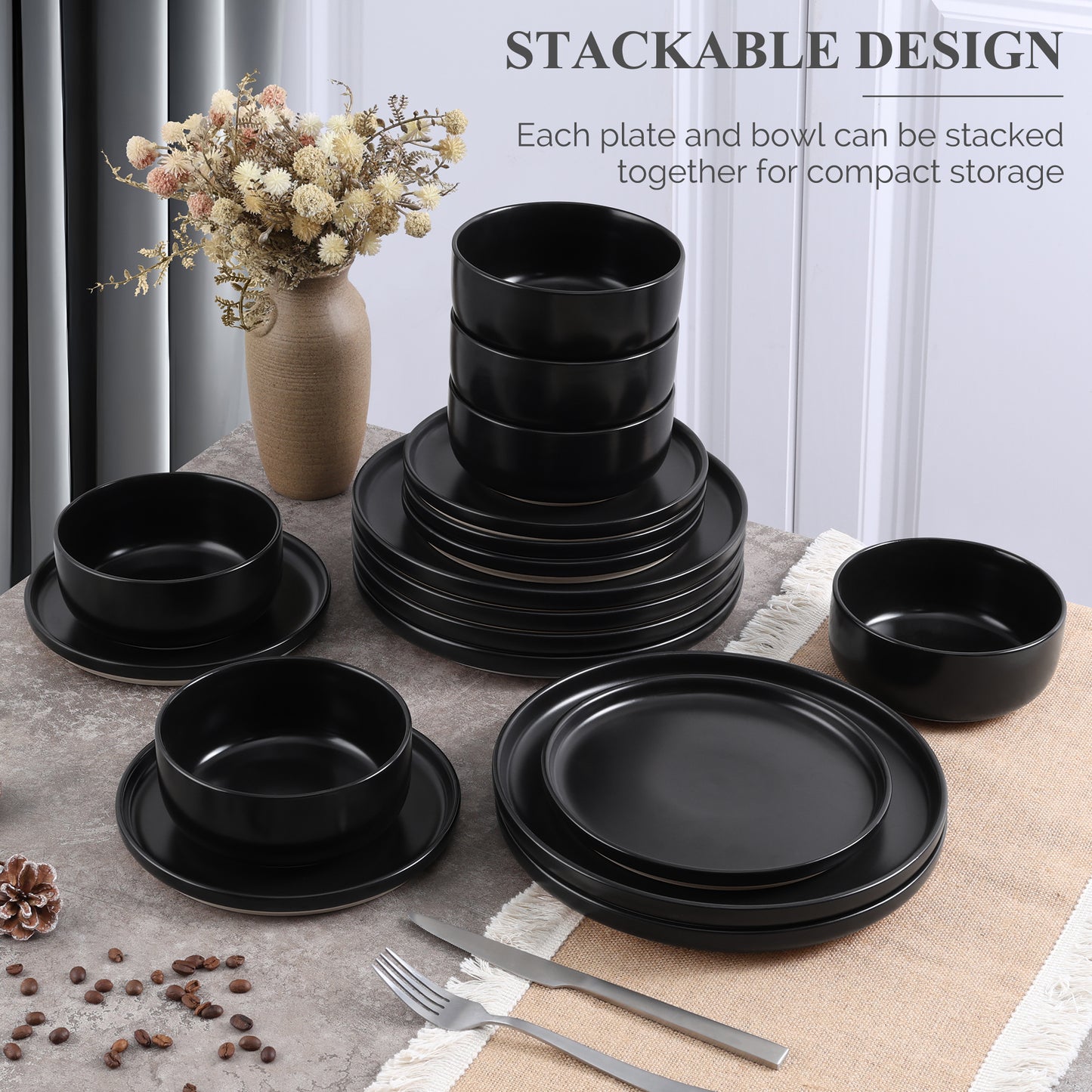 Vesteel 18-Piece Dinnerware set, Ceramic Plates and Bowls set for 6, Speckled Stoneware Dishes Set for Family, Microwave & Dishwasher Safe - Matte Black