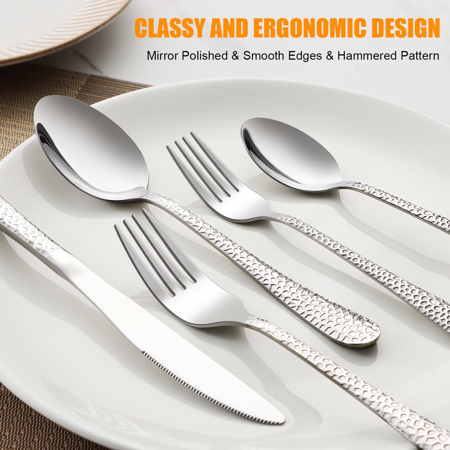 Vesteel 65 Piece Hammered Silverware Set with Serving Utensils, Stainless Steel Flatware Cutlery Set for 12, Heavy Duty Eating Utensils Tableware, Mirror Polished & Dishwasher Safe