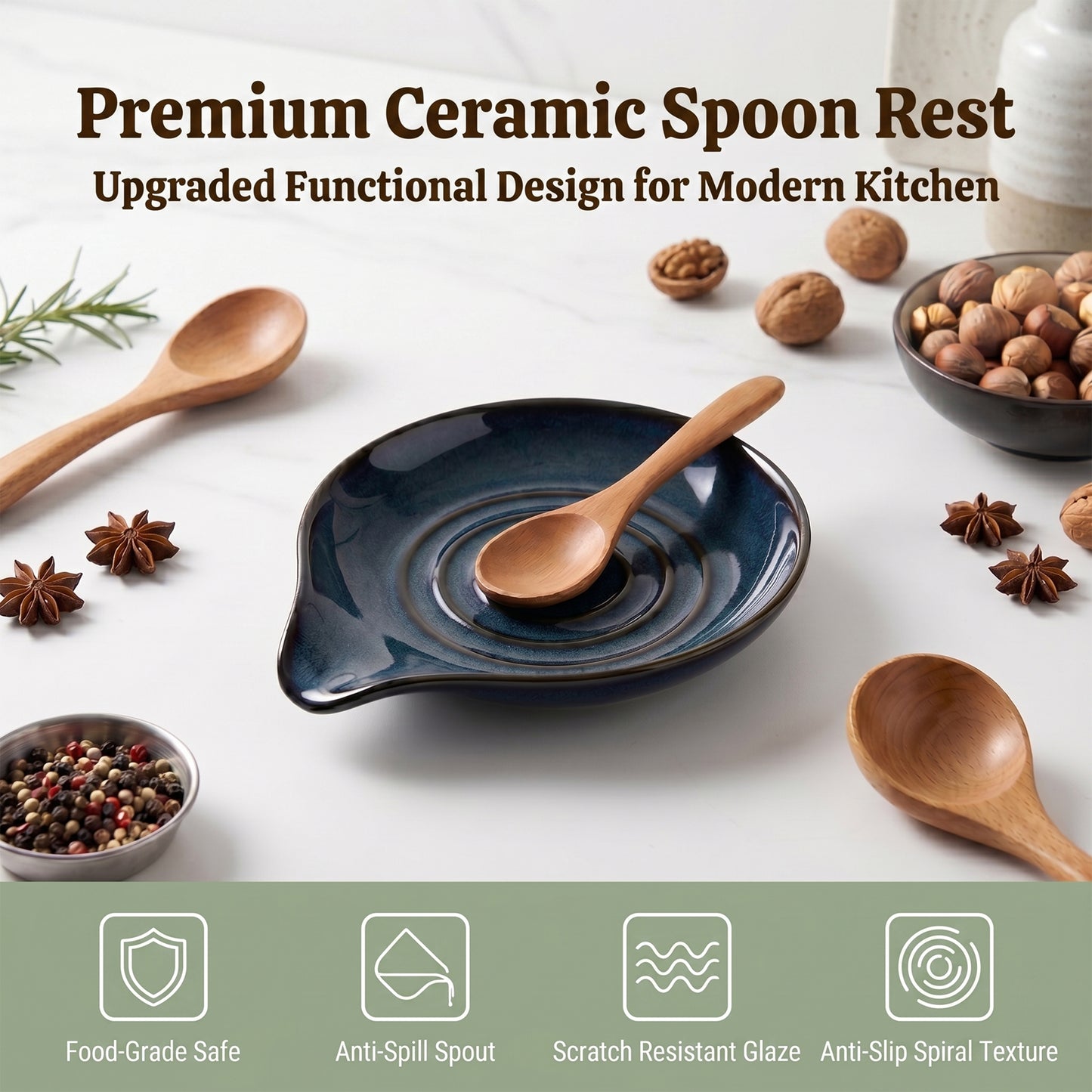 Onader 2-Piece Spoon Rest, 5" Ceramic Spoon Holder for Kitchen Utensils Soup Ladle Slotted Turner Spatula, Cooking Utensil Rest for Kitchen Countertop, Starry Blue