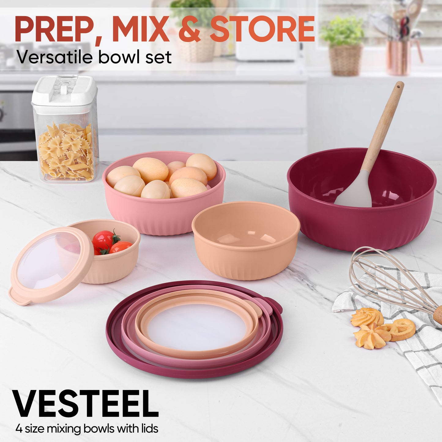 Vesteel 8Pcs Mixing Bowl Set with Lids, Nesting Plastic Bowls for for Mixing Serving Preparing Storage, Kitchen Prep Bowls, Dishwasher Safe, Rose