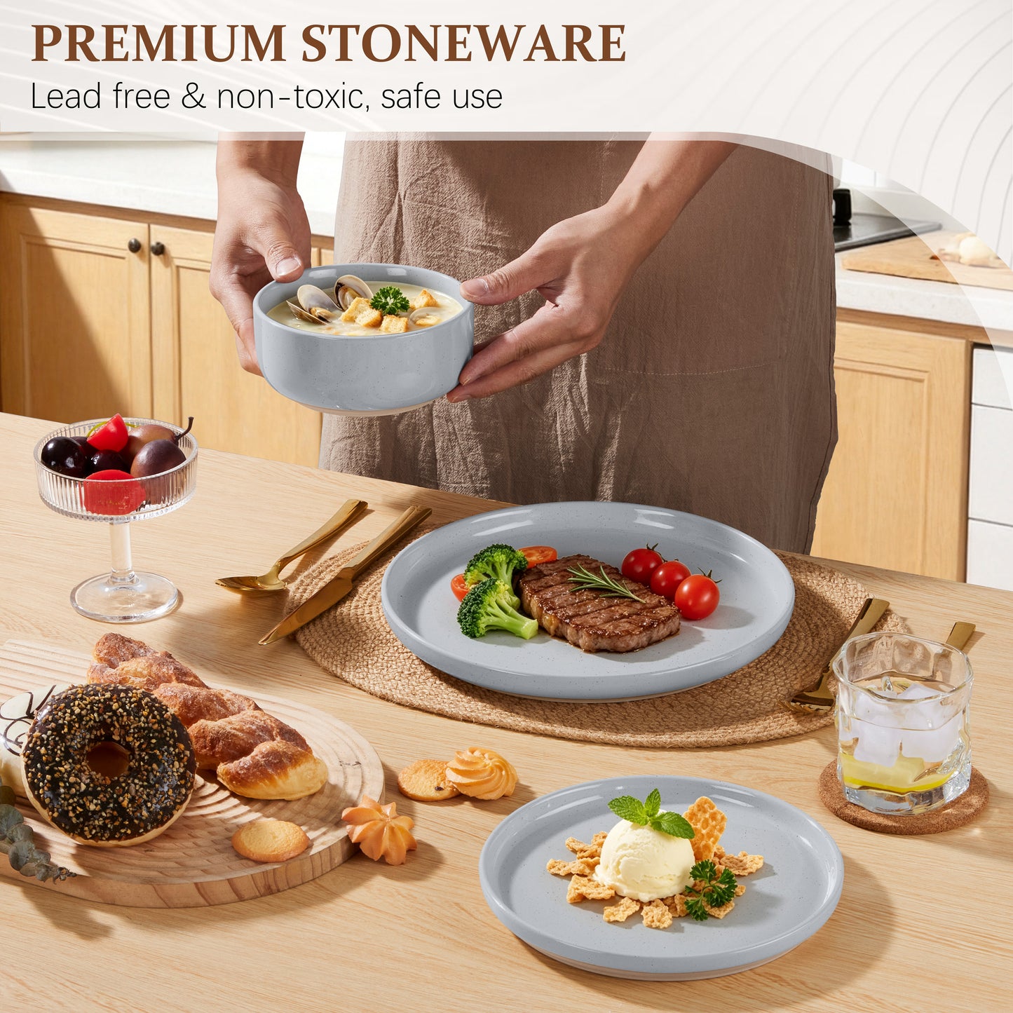 Vesteel Stoneware Dinnerware Sets for 2, 6 Pieces Ceramic Plates and Bowls Sets, Elegant Dishes with Rustic Terracotta Base, Dishwasher & Microwave Safe, Scratch Resistant, Light Gray