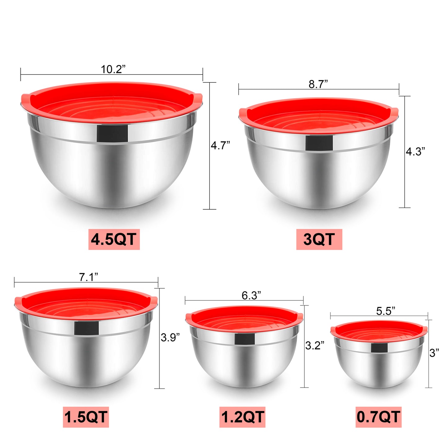 Mixing Bowls with Lids Set of 5, Vesteel Stainless Steel Mixing Bowls Metal Nesting Salad Bowls, Size 4.5, 3, 1.5, 1, 0.7 QT Great for Cooking, Baking, Serving - Red