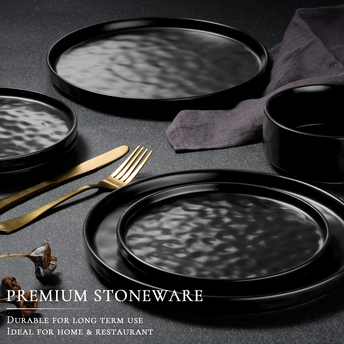 Vesteel Dinnerware Sets, 12-Piece Stoneware Plates and Bowls Set, Dishes Set for 4, Elegant Ceramic Dinnerware for Home Restaurant - Matte Black