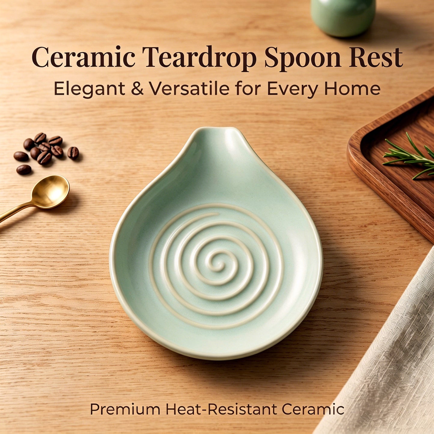 Vesteel Ceramic Spoon Rest, 5.1 inch Kitchen Teardrop Spoon Holder for Countertop, Utensil Rest for Spatula Ladle Tongs, Stove Top Spoon Tray, Heat-Resistant & Dishwasher Safe, Sage Green