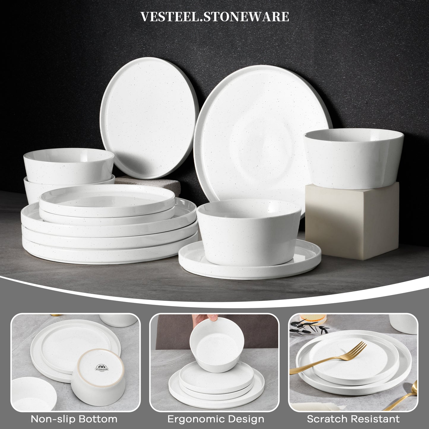 Vesteel Dinnerware Sets for 4, 12Pcs Stoneware Plates and Bowls Sets, Elegant Tableware set for Home Restaurant, Chip & Scratch Resistant Dishes Set , Speckle White