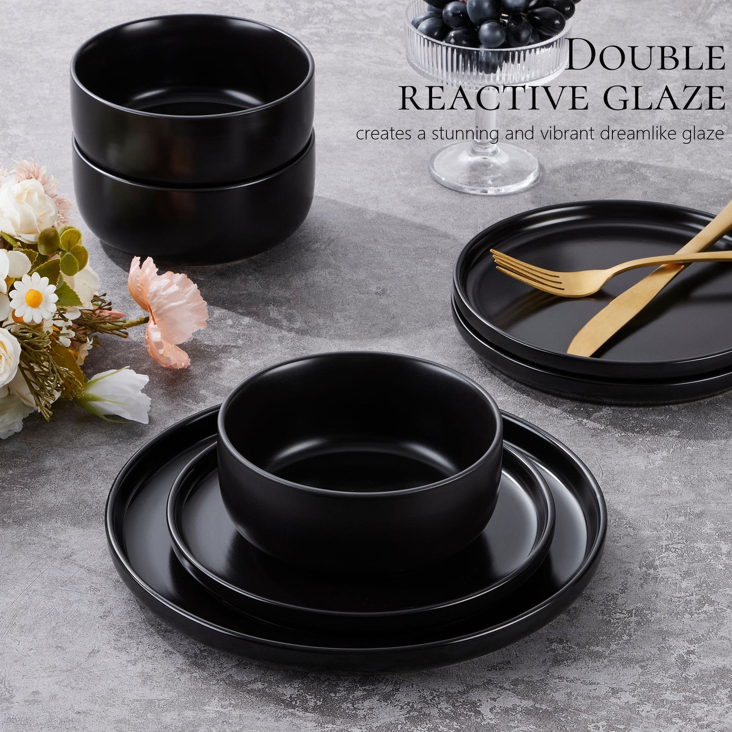 Vesteel Dinnerware Sets for 4, 12-Piece Stoneware Dish and Bowls Set, Handmade Reactive Glaze Coupe Plates Set for Family, Chip & Scratch Resistant - Matte Black