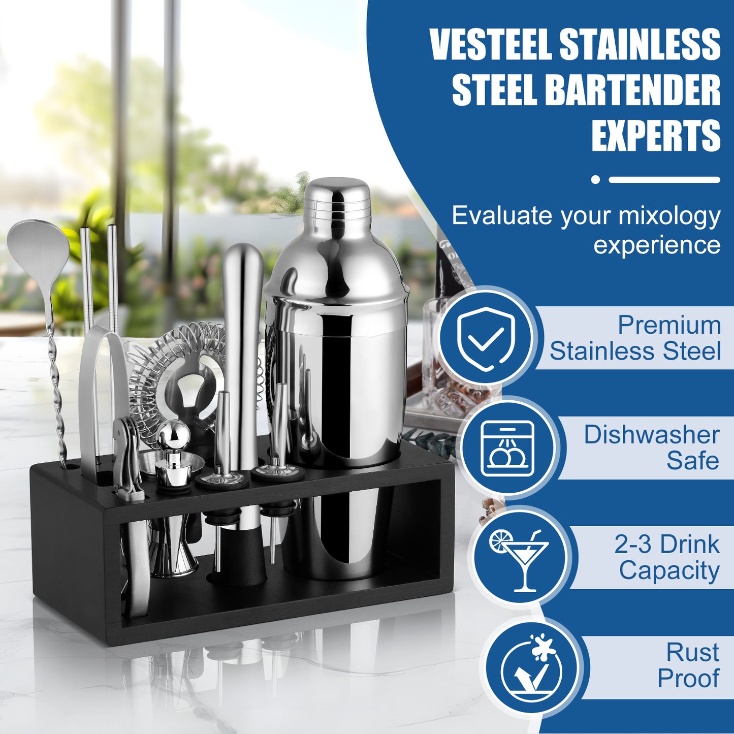 Vesteel 13-Piece Cocktail Shaker Set, Mixology Bartender Kit with Bamboo Stand, Bar Tool Set for Cocktail with Shaker, Jigger & Muddler, Bar Set, Silver