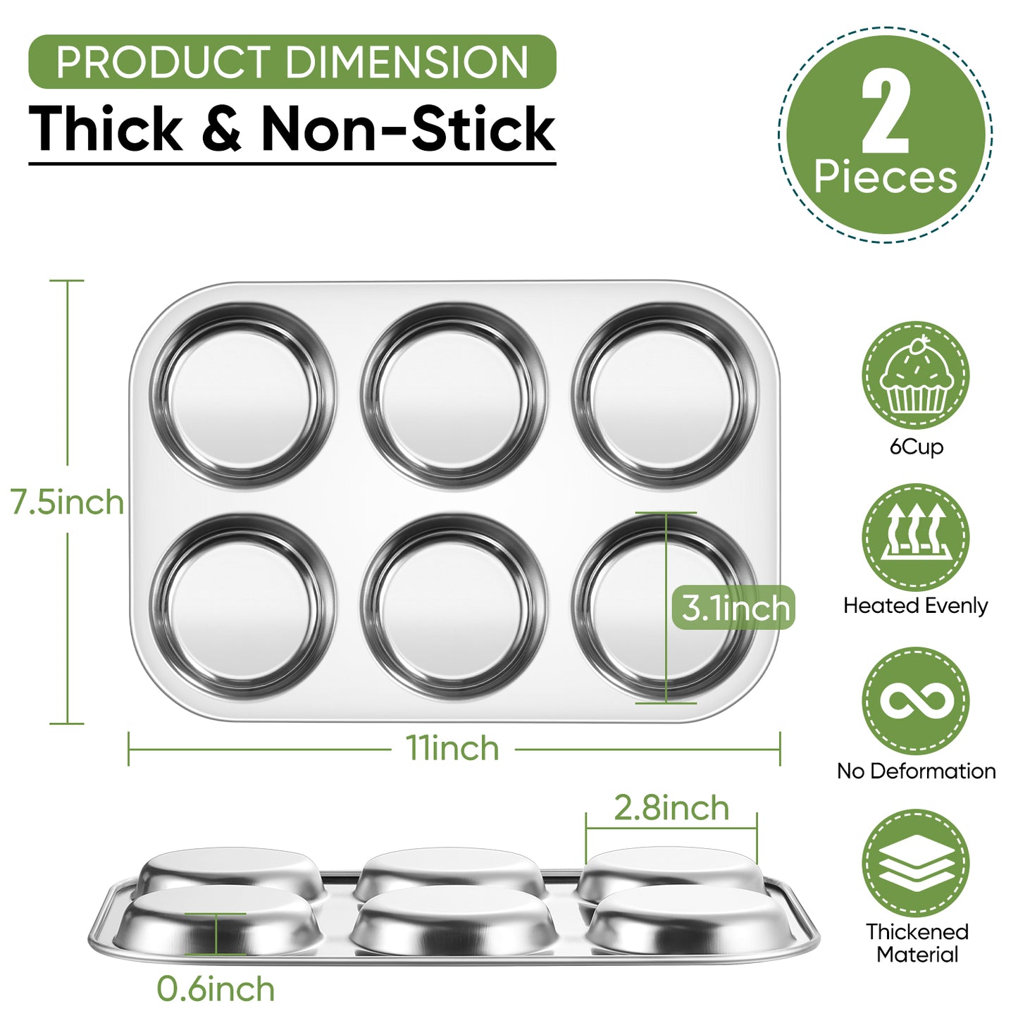 Vesteel 6-Cup Muffin Pan Set of 2, Stainless Steel Cupcake Pan Metal Muffin Baking Tins for Oven, Non-toxic & Dishwasher Safe