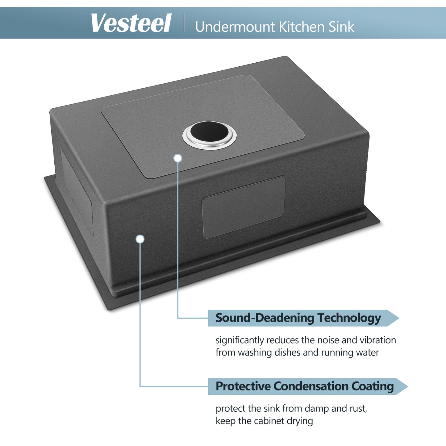 Vesteel 27” x 18” Kitchen Sink, Stainless Steel Undermount Sink for Kitchen Single Bowl Workstation Sink, 4 Sink Accessories Include