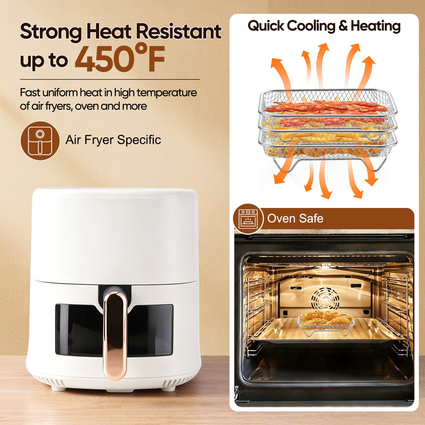 Vesteel Rectangular Air Fryer Racks, 3 Tier Stackable Air Fryer Basket Accessories, 7.7” x 5.3” Dehydrator Rack for Air Fryer Steamer Oven, Fits 4.5 -10 QT Air Fryer, Dishwasher Safe