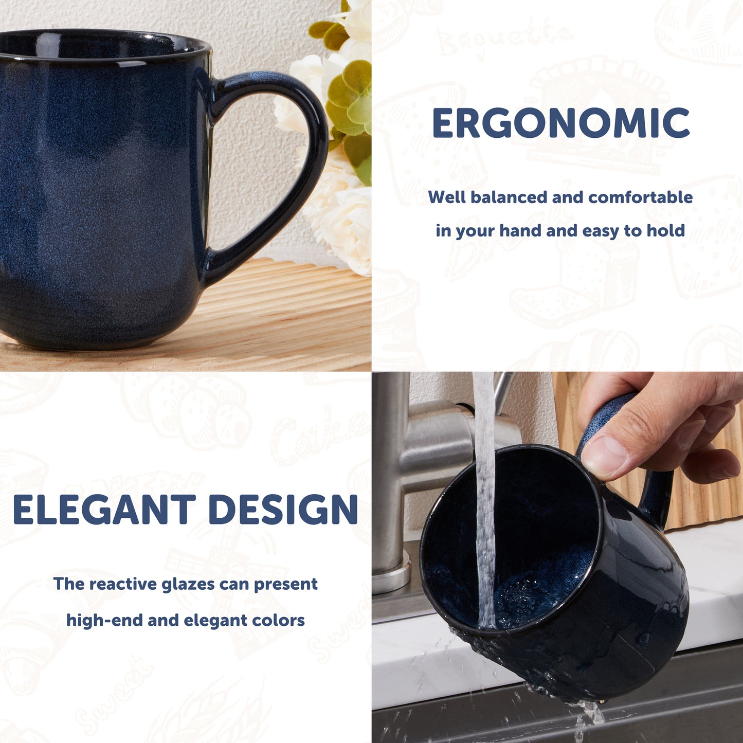 Vesteel Coffee Mug Set of 4, Ceramic Coffee Cups with Handles, 14oz Handmade Reactive Glaze Mugs set for Coffee Tea Milk, Mug Gifts for Home Office Restaurant, Ocean Blue
