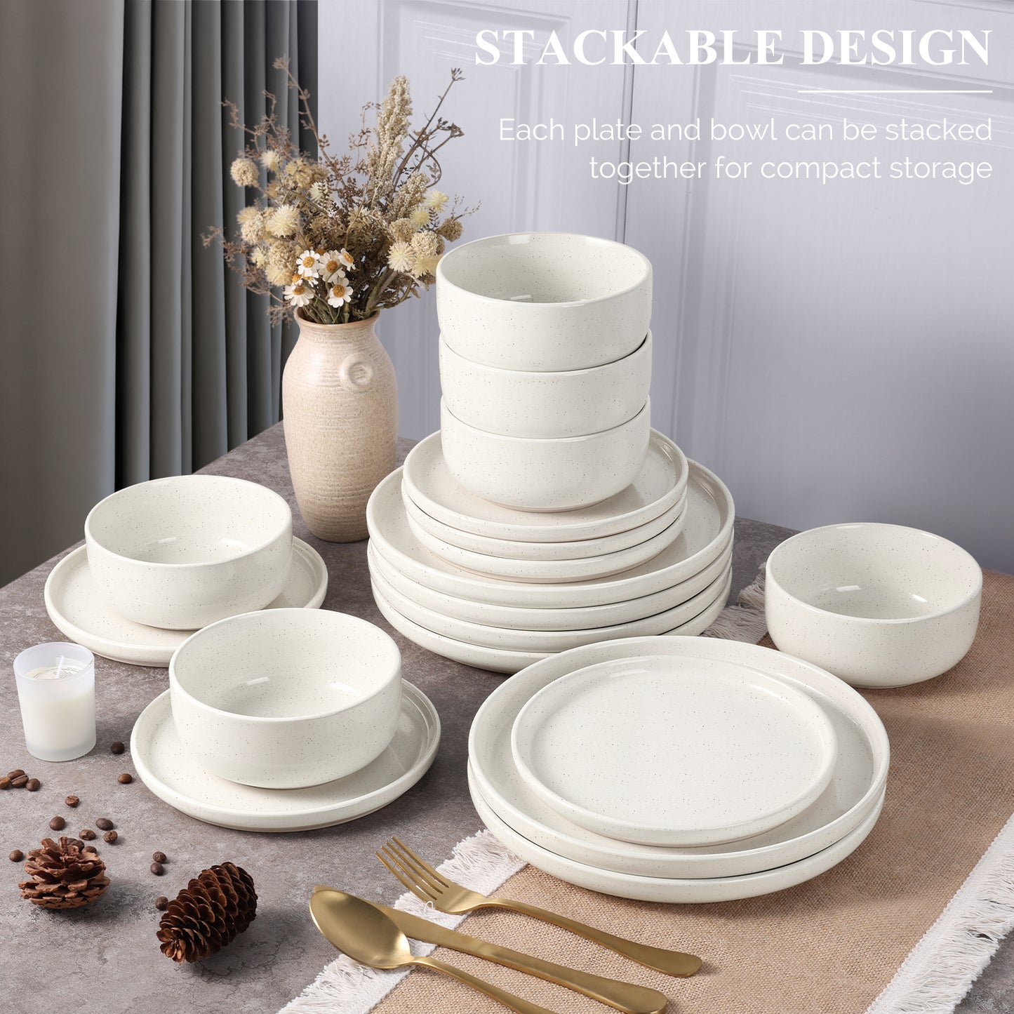 Vesteel 18-Piece Dinnerware set, Ceramic Plates and Bowls set for 6, Speckled Stoneware Dishes Set for Family, Microwave & Dishwasher Safe - Speckled White
