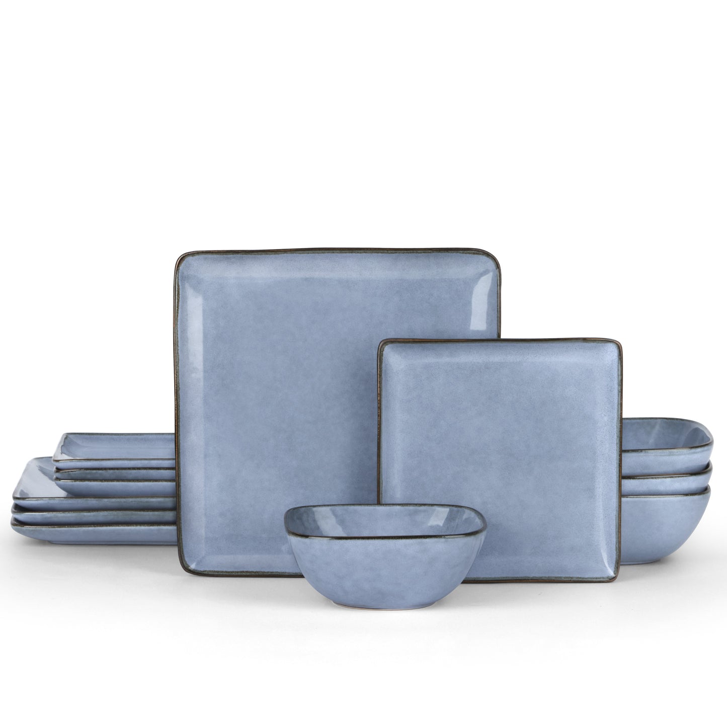 Vesteel Dinnerware Sets for 4, 12-Piece Square Stoneware Dish and Bowls Set, Handmade Reactive Glaze Coupe Plates Set, Chip & Scratch Resistant - Uranus Blue