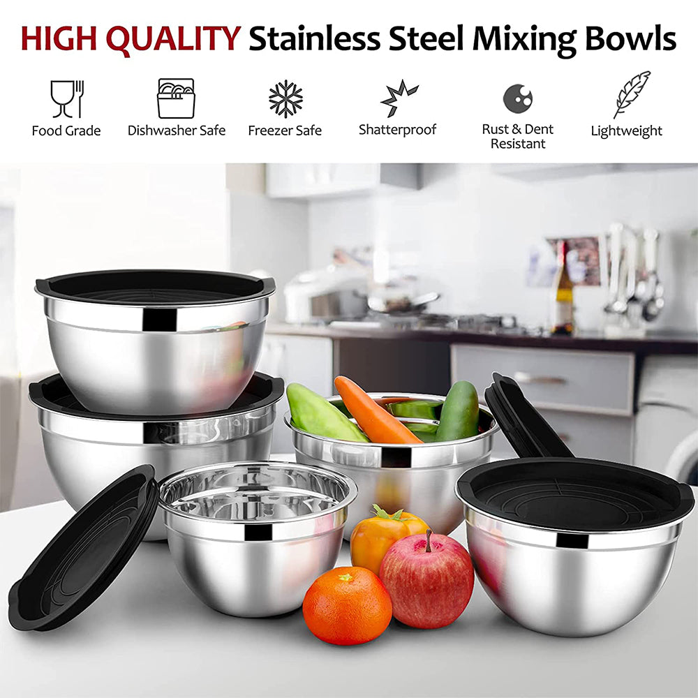 Mixing Bowls with Lids Set of 5, Vesteel Stainless Steel Mixing Bowls Metal Nesting Salad Bowls, Size 4.5, 3, 1.5, 1, 0.7 QT Great for Cooking, Baking, Serving - Black