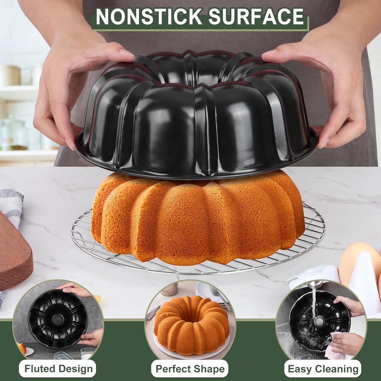 Vesteel 2 Pack Bundt Cake Pan Nonstick, 10 Inch Fluted Cake Pans for Baking, 10 Cups Heavy Duty Carbon Steel Tube Round Cake Mold for Jello, Brownie, Pumpkin Bread, Durable & Easy Release, Black