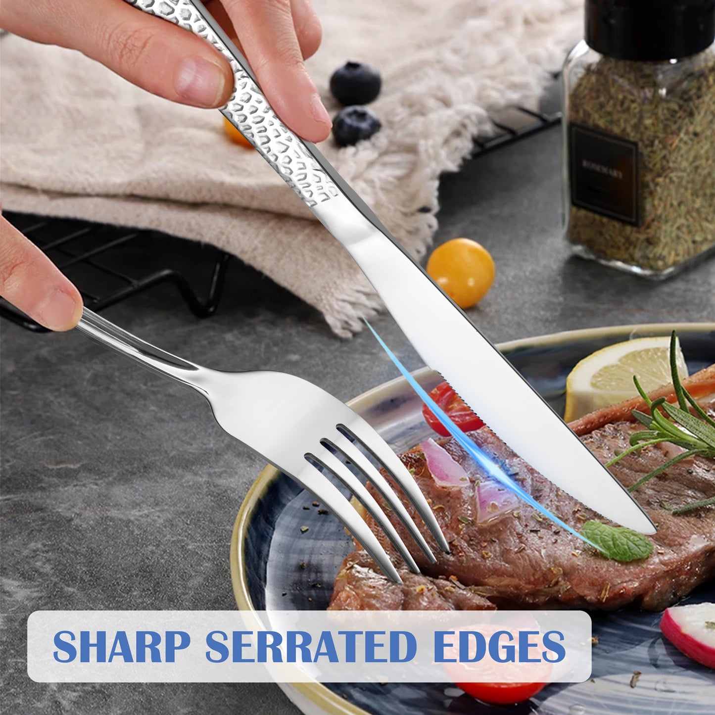 Vesteel 12-Piece Dinner Knives Set, 8.9 inch Stainless Steel Hammered Table Cutlery Knife Set, Mirror Finish & Dishwasher Safe