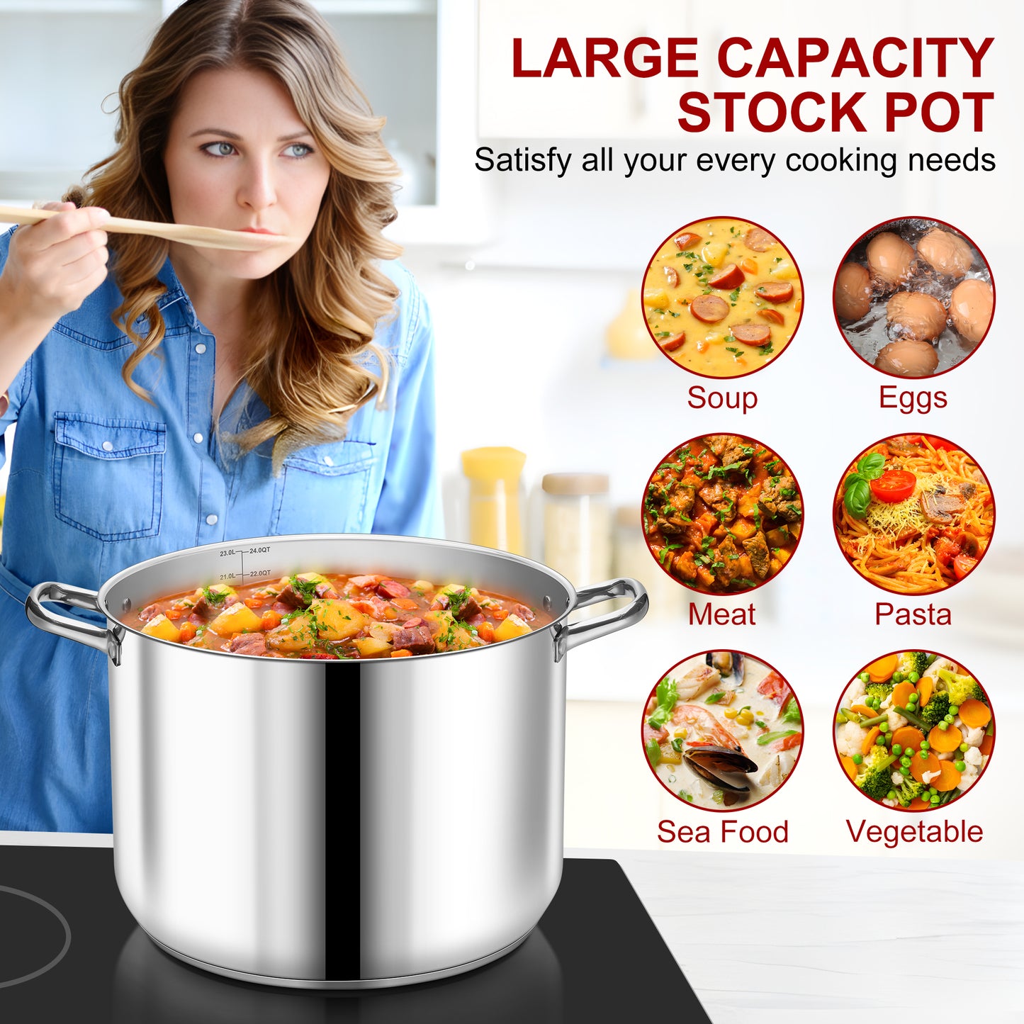 Vesteel 24 QT Stock Pot with Lid, Stainless Steel Large Cookware for Stewing Simmering, Tri-ply Bottom for Induction Gas Electric Stove, Heavy Duty & Food Grade