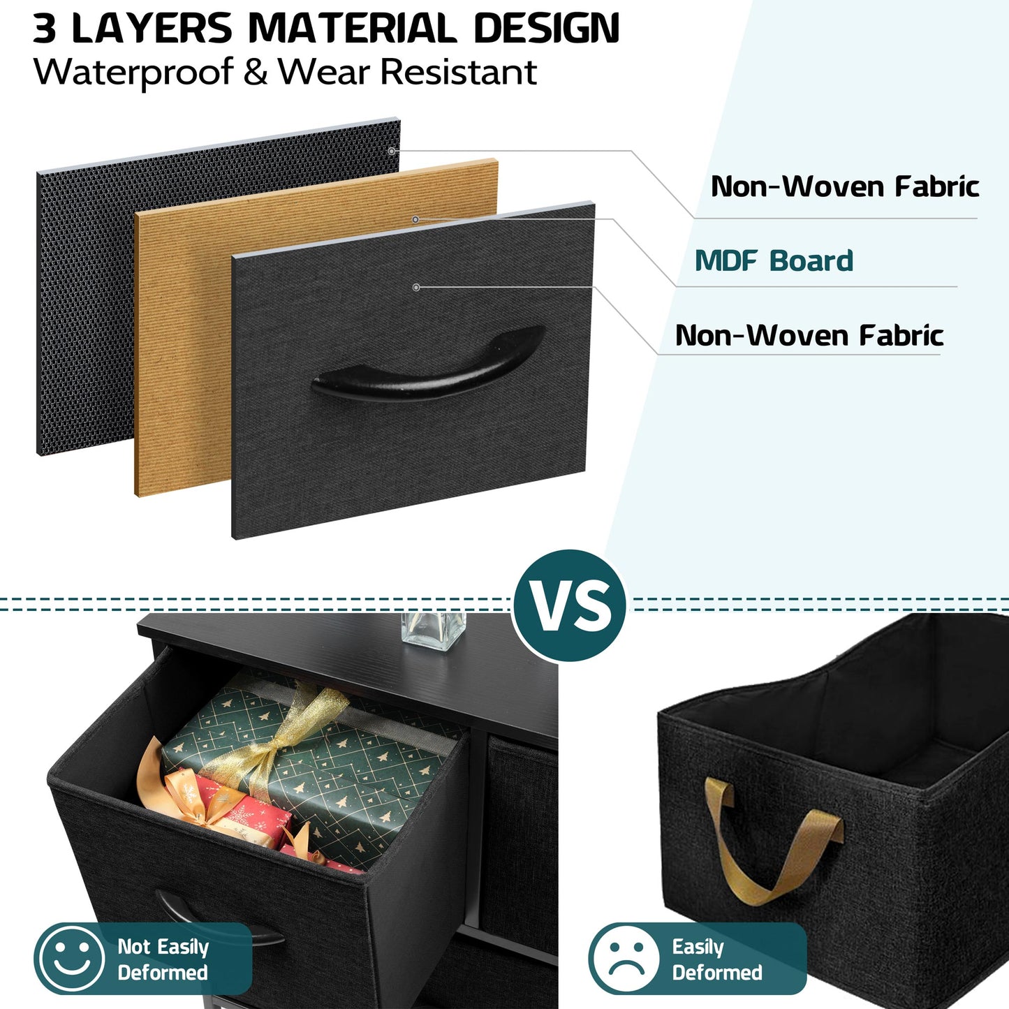Vesteel 5 Drawers Dresser, Wide Chest of Drawers Fabric Dresser with Wood Top and Sturdy Steel Frame, Storage Organizer Unit for Closet, Living Room, Hallway - Black