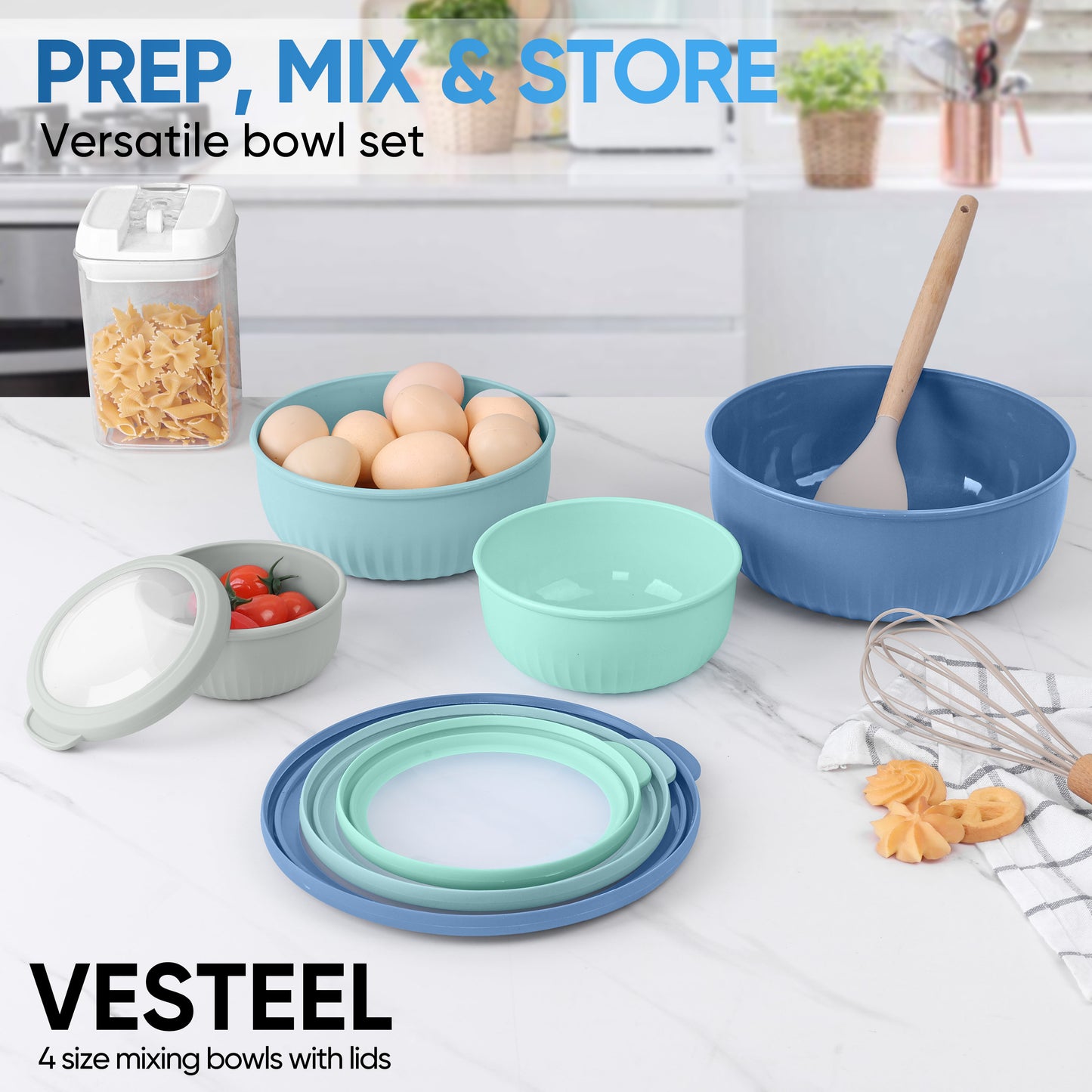 Vesteel 8Pcs Mixing Bowl Set with Lids, Nesting Plastic Bowls for for Mixing Serving Preparing Storage, Kitchen Prep Bowls, Dishwasher Safe, Dark Blue