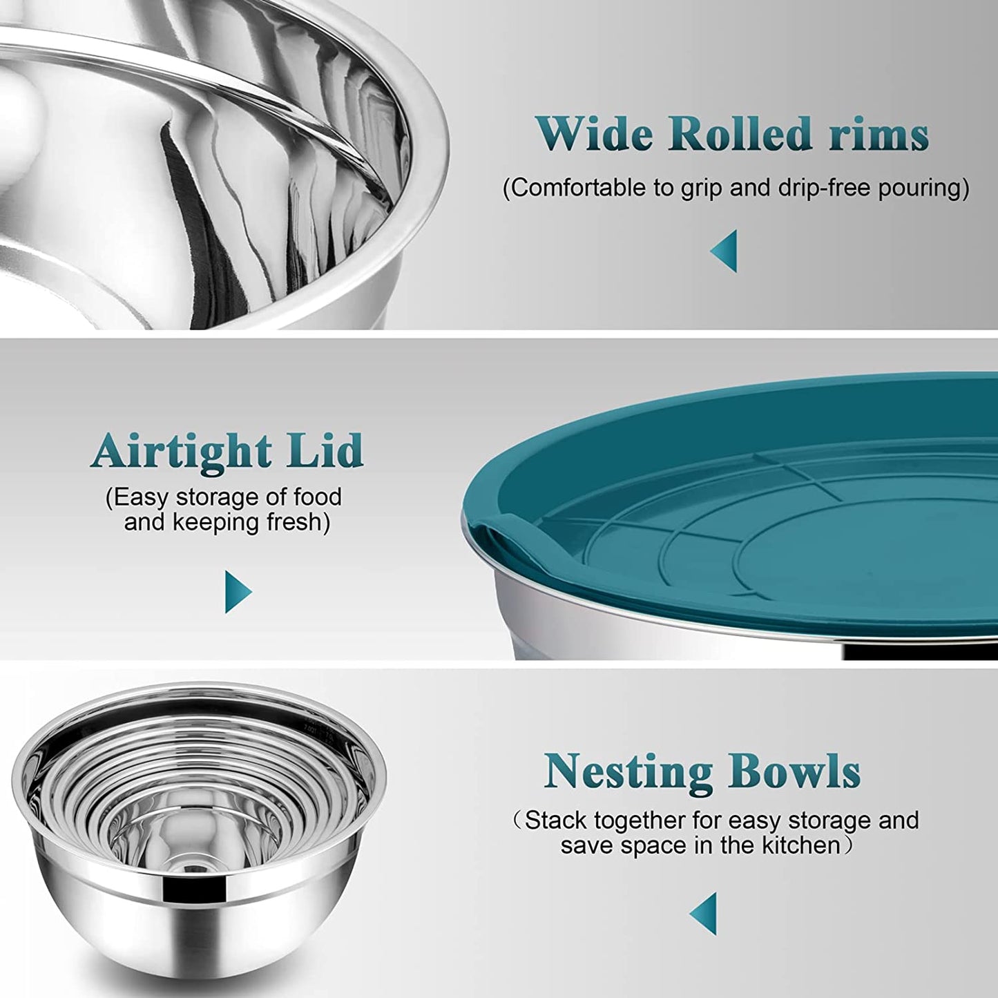 Vesteel 7 PCS Stainless Steel Mixing Bowls, Metal Nesting Salad Bowls with Lids, 4.5/3.5/3/2.5/1.5/1.2/0.7 QT - Blue