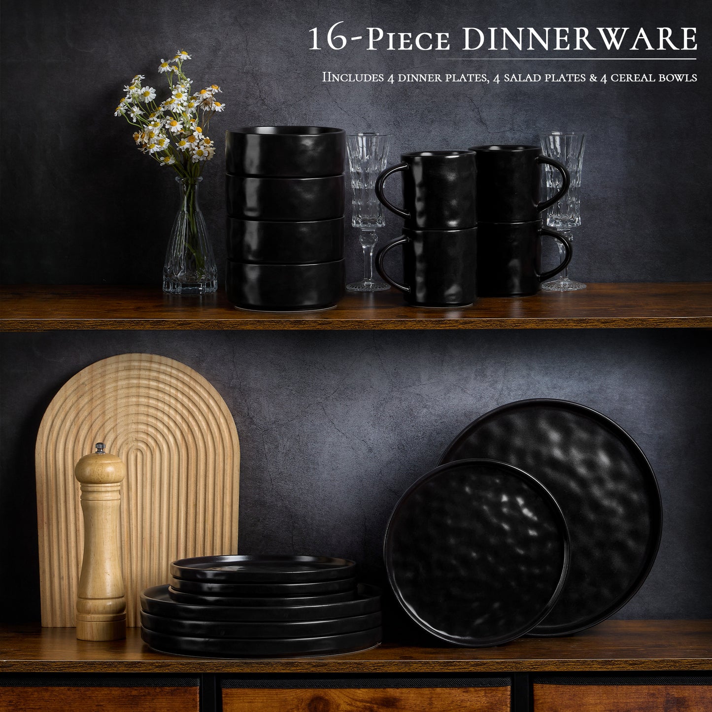 Vesteel 16-Piece Dinnerware Sets, Stoneware Dish and Bowls Set for 4, Handmade Reactive Glaze Coupe Plates Set, Chip & Scratch Resistant - Matte Black