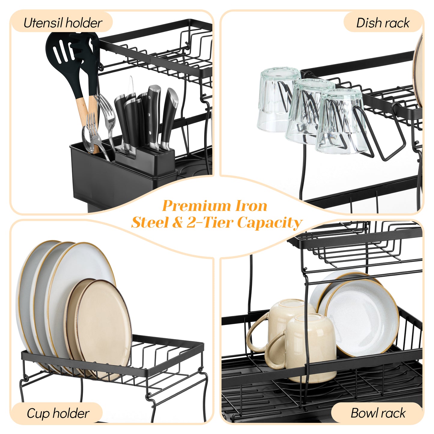 Vesteel Large Dish Drying Rack, Stainless Steel Dish Rack with Drainboard for Kitchen Counter, 2-Tier Rustproof Dish Drainer with Utensil Holder for Sink, Space Saving, Black