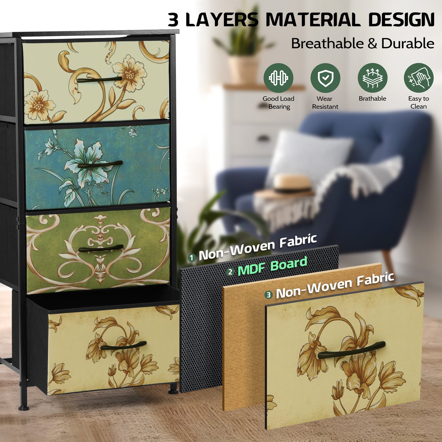 4 Drawers Dresser for Bedroom, Vesteel Fabric Chest of Drawers Tall Storage Tower with Wood Top and Sturdy Steel Frame, Storage Organizer Unit for Closet, Living Room, Hallway - Retro Floral