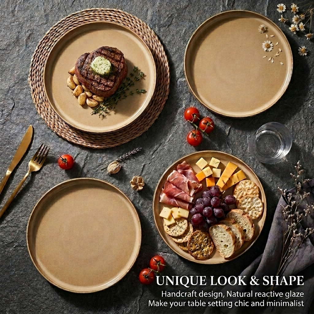 Vesteel Salad Plate for 4, 8 inch Stoneware Dinner plates with Textured Stripes, 4-Piece Ceramic Kitchen Plates for Dessert Salad, Dishwasher Safe & Microwave Safe, Khaki