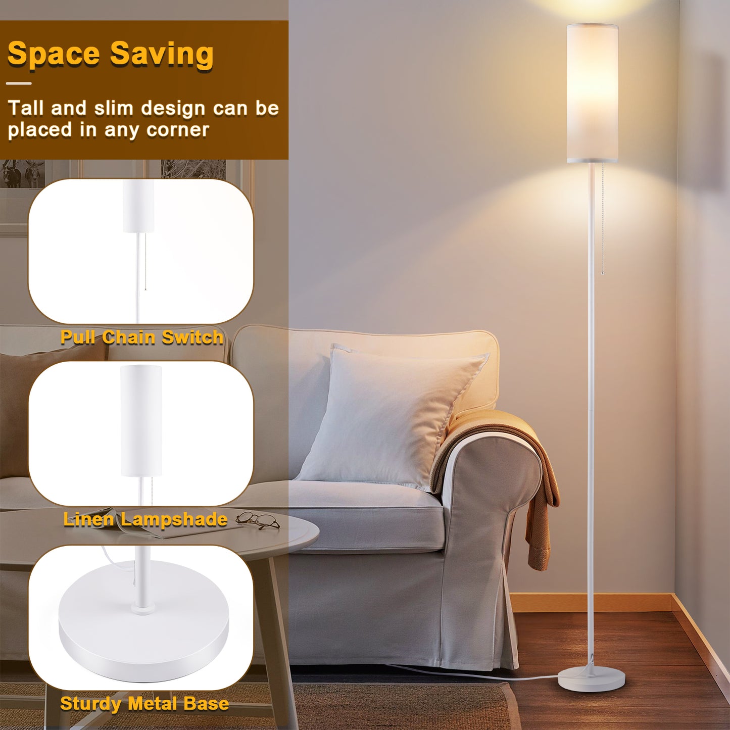 Vesteel Floor Lamp for Living Room, Modern Standing Lamp with 3 Color Temperatures LED Bulb & Linen Lampshade, Pole Lamp for Bedroom Living Room Office, White