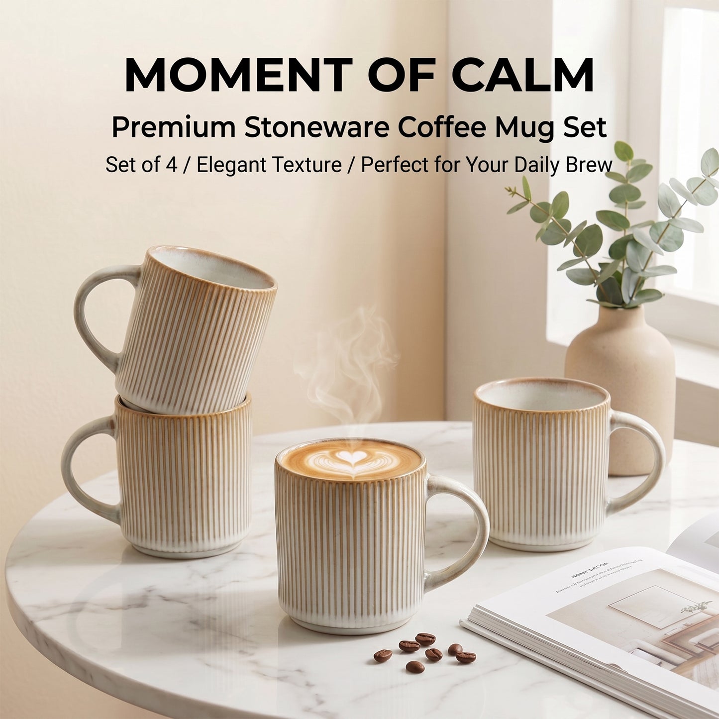 Onader 4-Pieces Coffee Mugs Set, Water Cups with Large Handle, 12 oz Ceramic Mugs Suitable for Tea Milk Latte, Stain-Resistant & Microwave Safe, Beige