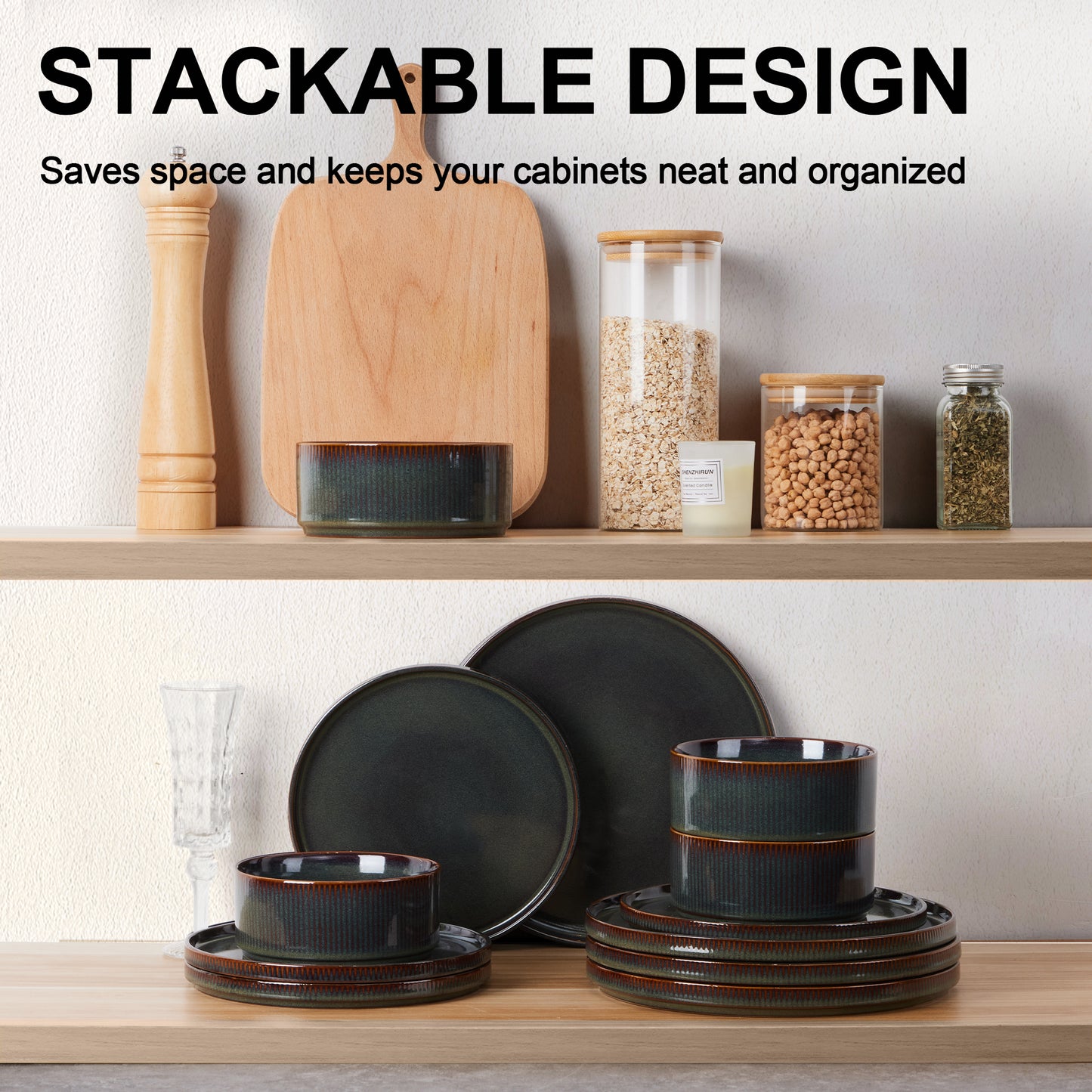 Vesteel Dinnerware Set for 4, 12-Piece Premium Stoneware Ribbed Dishes with Reactive Glaze, Chip & Scratch Resistant Plates and Bowls Set for Home Restaurant, Microwave and Dishwasher Safe - Green