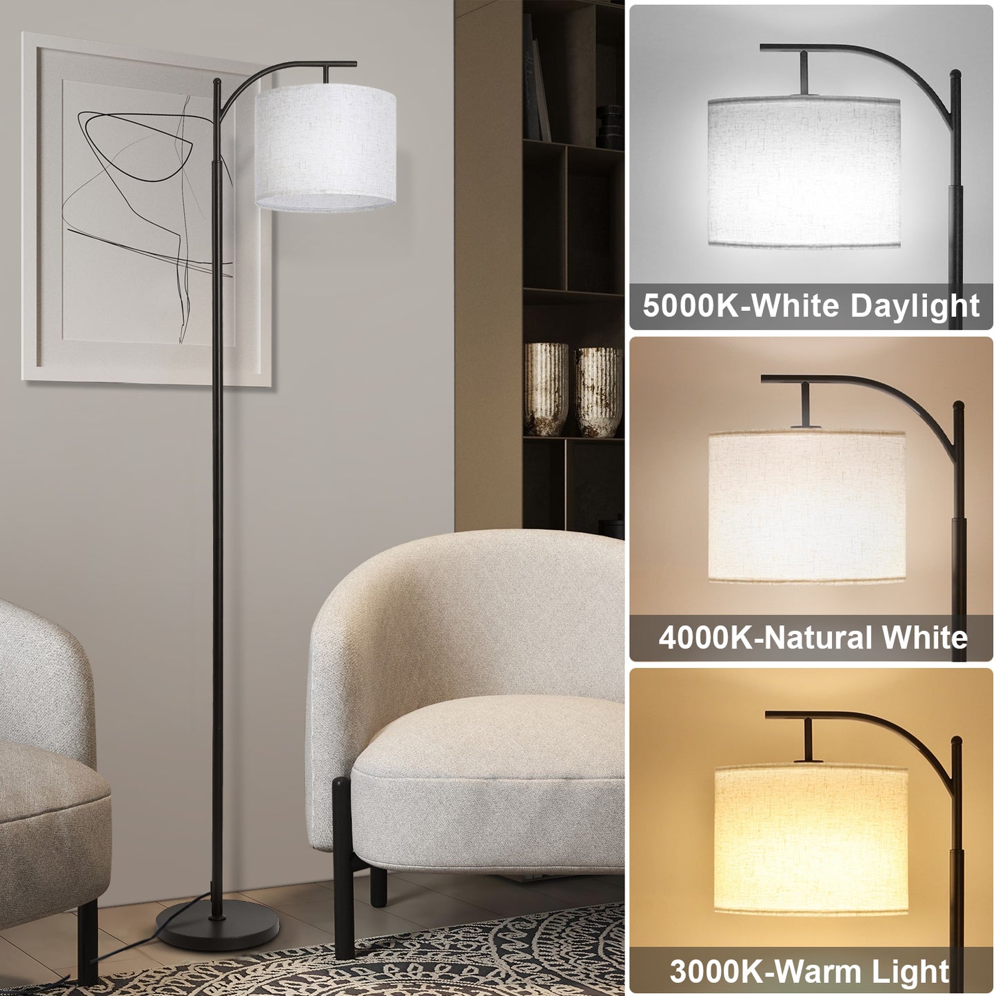 Vesteel Floor Lamp, Modern Standing Lamp with 3 ColorTemperatures LED Bulb & Linen Lampshade, Arch Floor Lamp for Living Room Bedroom Office