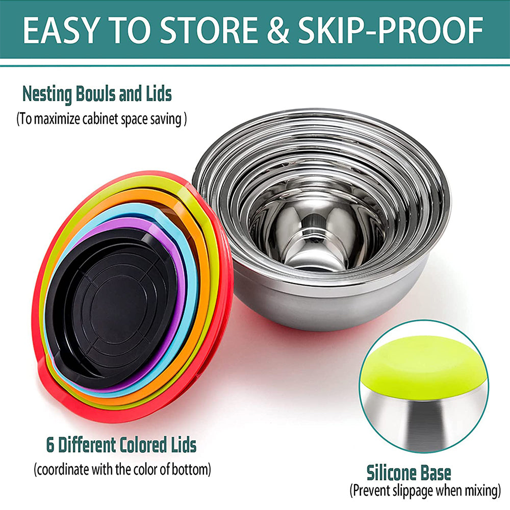 VeSteel Mixing Bowls With Lids, Set of 6, Stainless Steel Nesting Mixing Bowls & Fitting Lids & Non-Slip Silicone Bottom, Ideal for Mixing, Storing, Food Preparation,6 Sizes 0.7/1/1.5/2/2.6/4.6 Qt