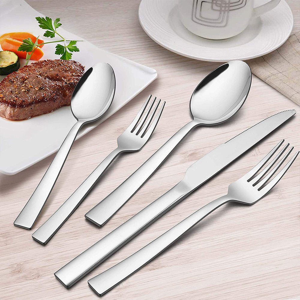 20-Piece Silverware Set, VeSteel Stainless Steel Flatware Set Service for 4, Modern Tableware Cutlery Set Includes Forks, Spoons, Knives, Square Edge & Mirror Finish, Dishwasher Safe