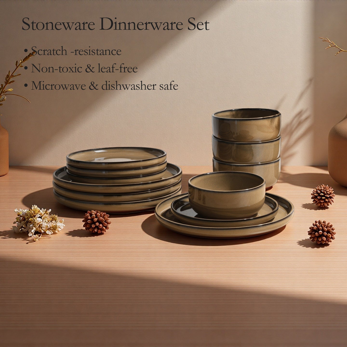 Onader Dinnerware Sets for 4, 12 Pieces Reactive Glaze Plates and Bowls Sets, Elegant Dishes with Rustic Terracotta Base - Khaki