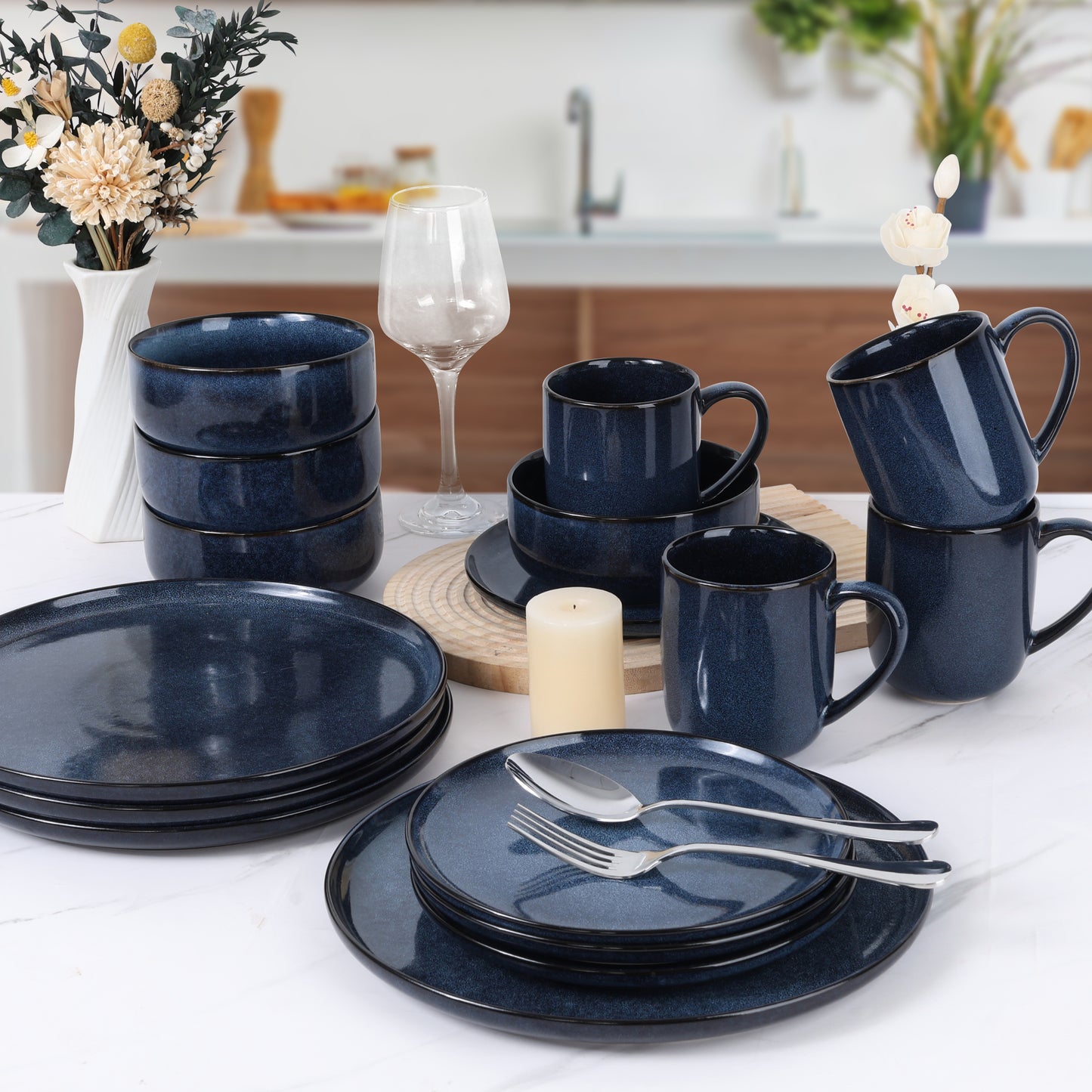 Vesteel 16-Piece Plates and Bowls Sets, Stoneware Dinnerware Sets for 4, Handmade Reactive Glaze Coupe Dishes Set, Chip & Scratch Resistant - Ocean Blue