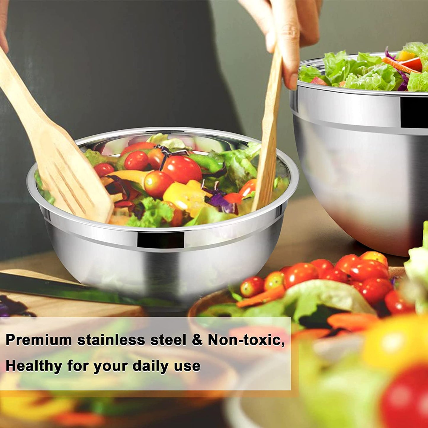 Vesteel 7 PCS Stainless Steel Mixing Bowls, Metal Nesting Salad Bowls with Lids, 4.5/3.5/3/2.5/1.5/1.2/0.7 QT - Khaki