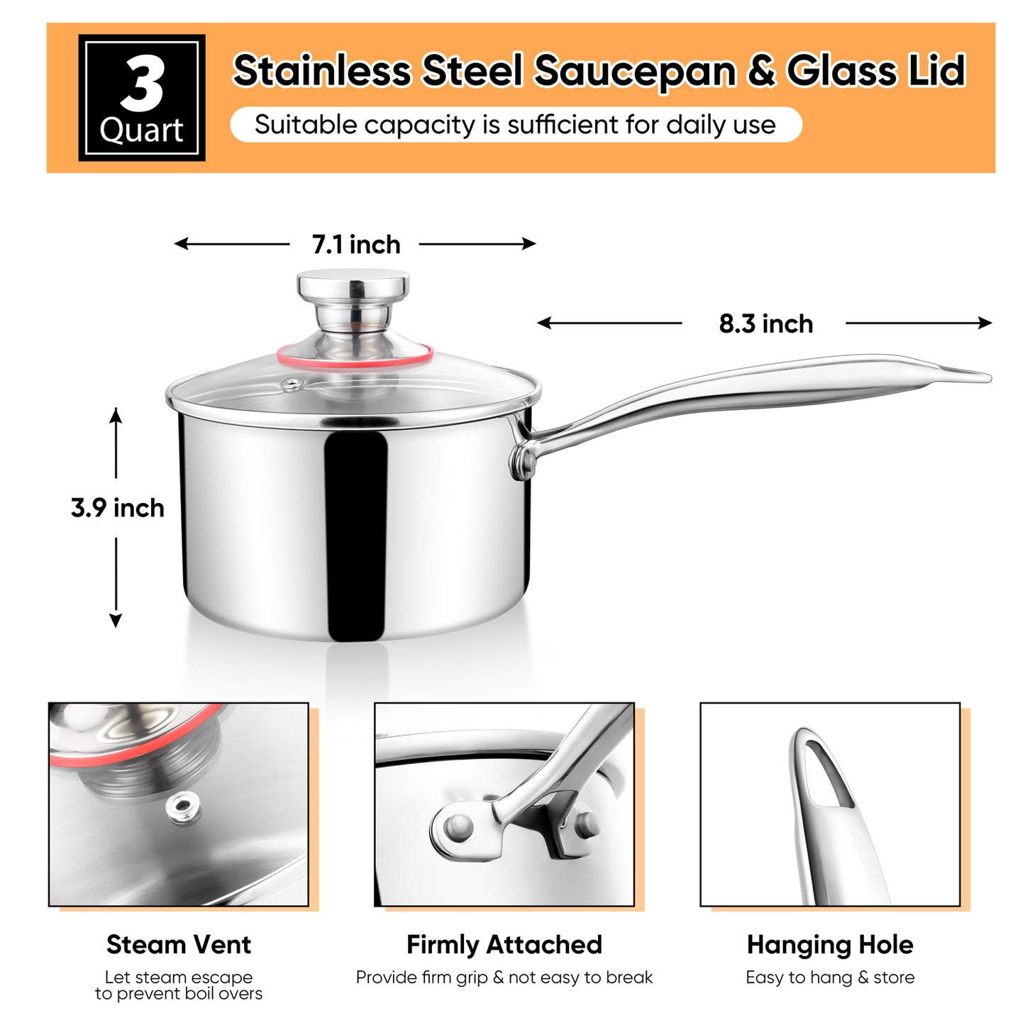 Vesteel 3 Quart Saucepan with Lid, Tri-Ply Stainless Steel Sauce Pan, 3qt Small Induction Cooking Pot with Ergonomic Handle, Small Pan for Making Sauce, Warming Milk, Boiling Eggs, Dishwasher Safe