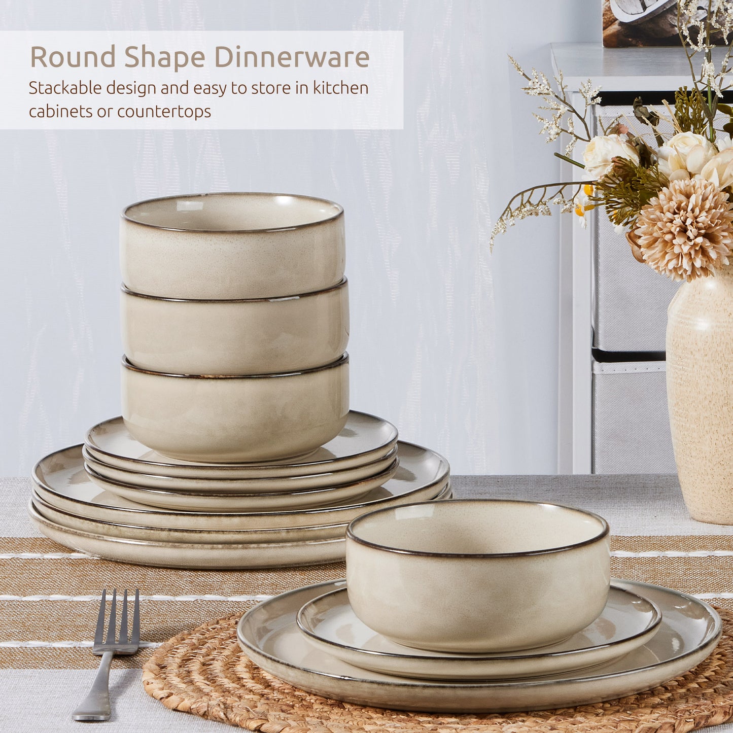 Onader 12 Piece Dinnerware Sets, Plates and Bowls Set for 4, Handmade Stoneware Dishes Sets for Home Restaurant, Dishwasher & Microwave Safe - Khaki