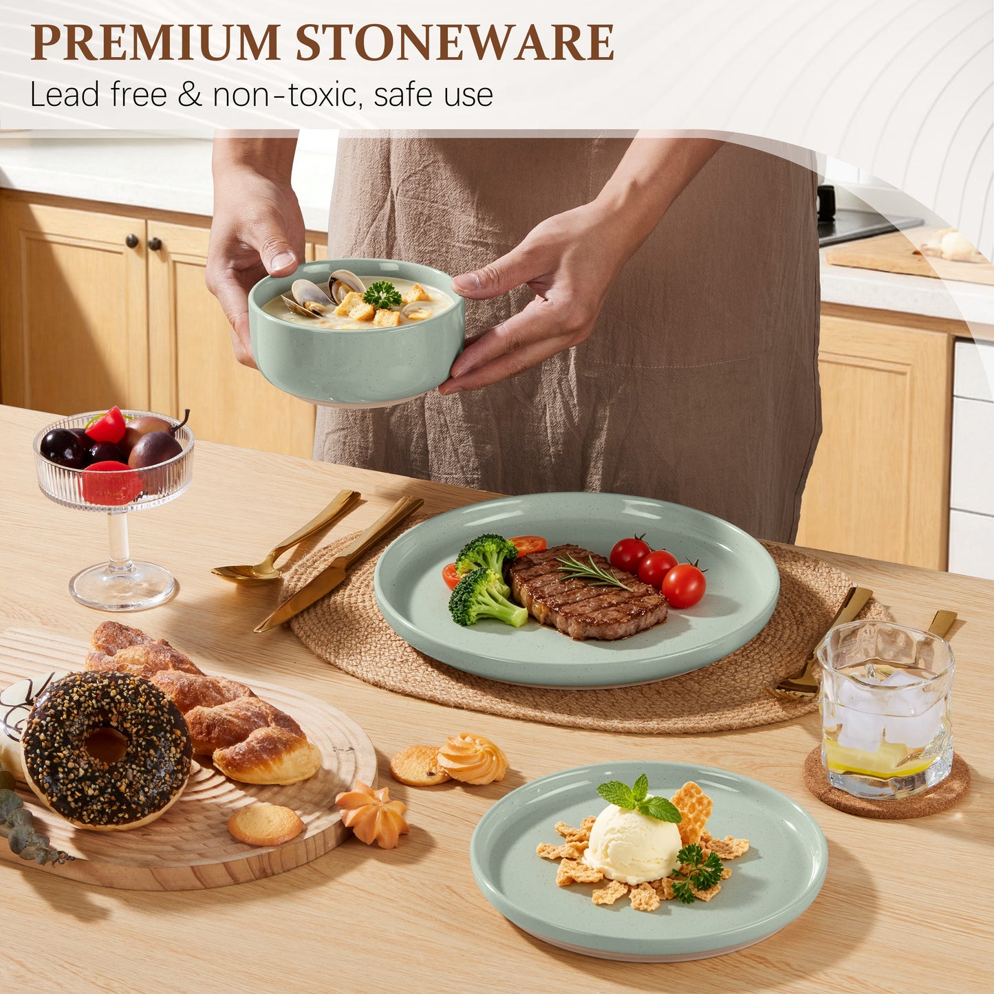 Vesteel Stoneware Dinnerware Sets for 2, 6 Pieces Ceramic Plates and Bowls Sets, Elegant Dishes with Rustic Terracotta Base, Dishwasher & Microwave Safe, Scratch Resistant, Light Green