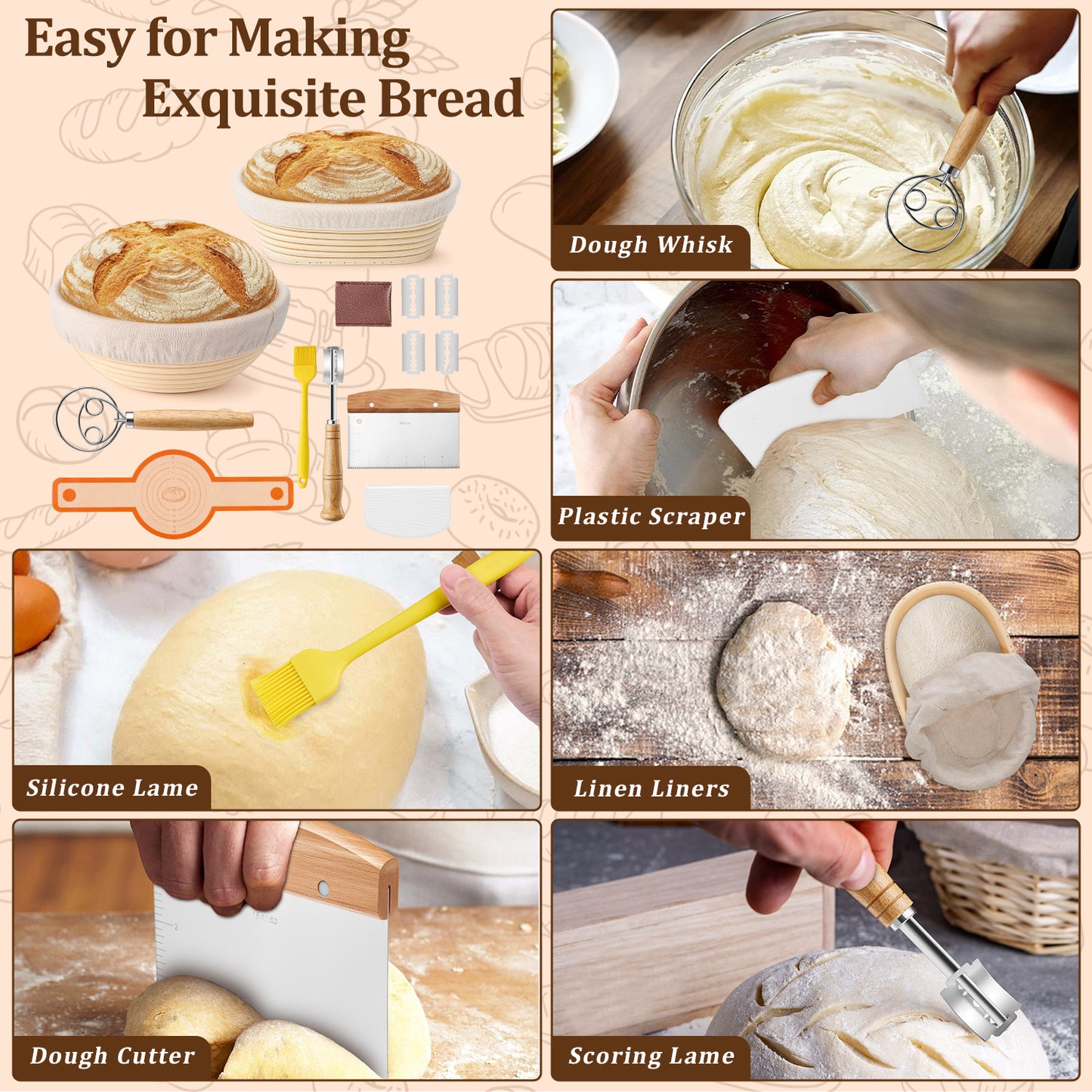 Vesteel Bread Proofing Basket Set, 9” Round and 10” Oval Banneton Bread Baking Baskets with Liner, Dough Baking Supplies Tools Included for Fermenting Baking