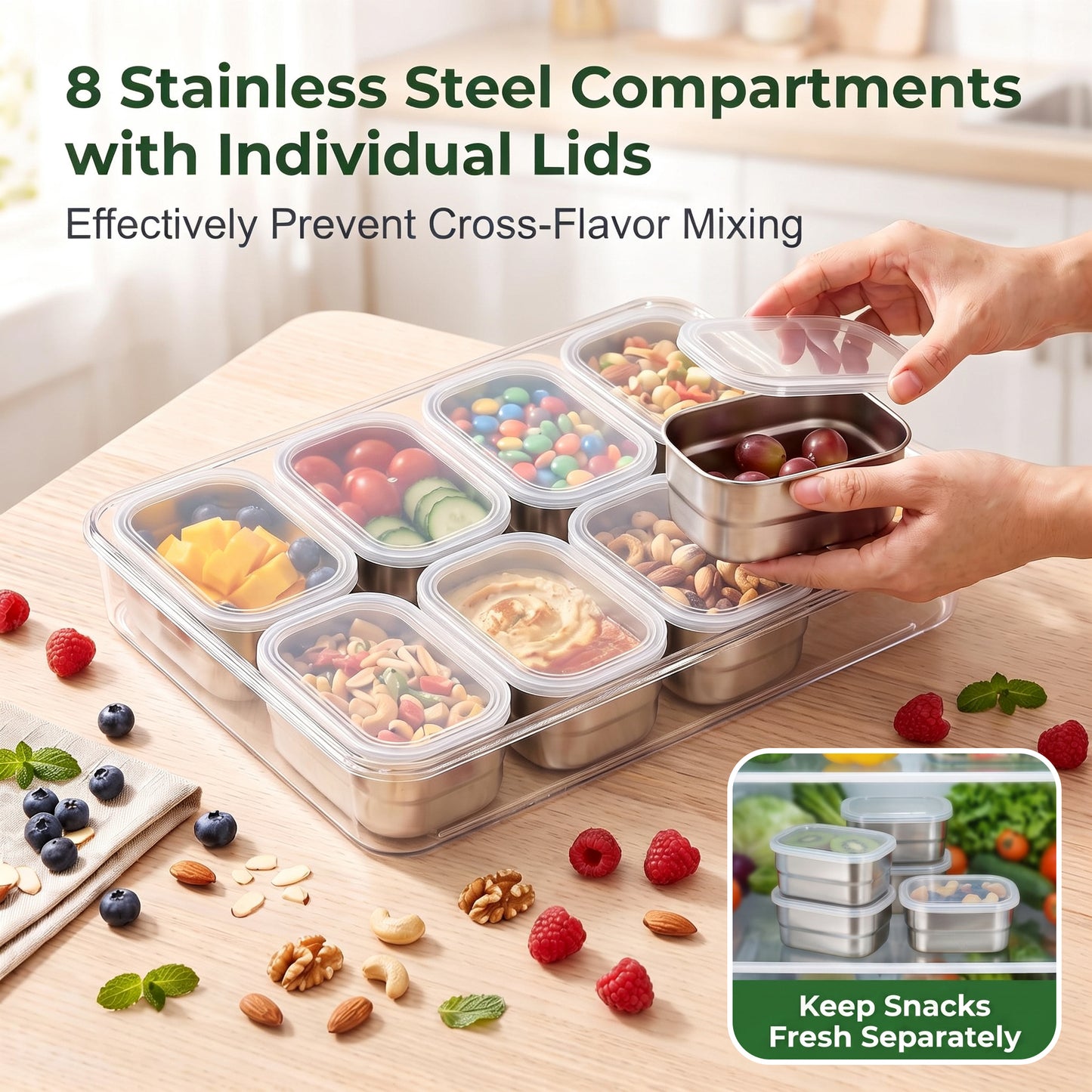 Vesteel Stainless Steel Snackle Box Container, 8-Compartment Divided Tray with Lid and Handle, Portable Snack Container for Fruit Candy Nuts, Snack Serving Platter for Beach Travel & Picnic