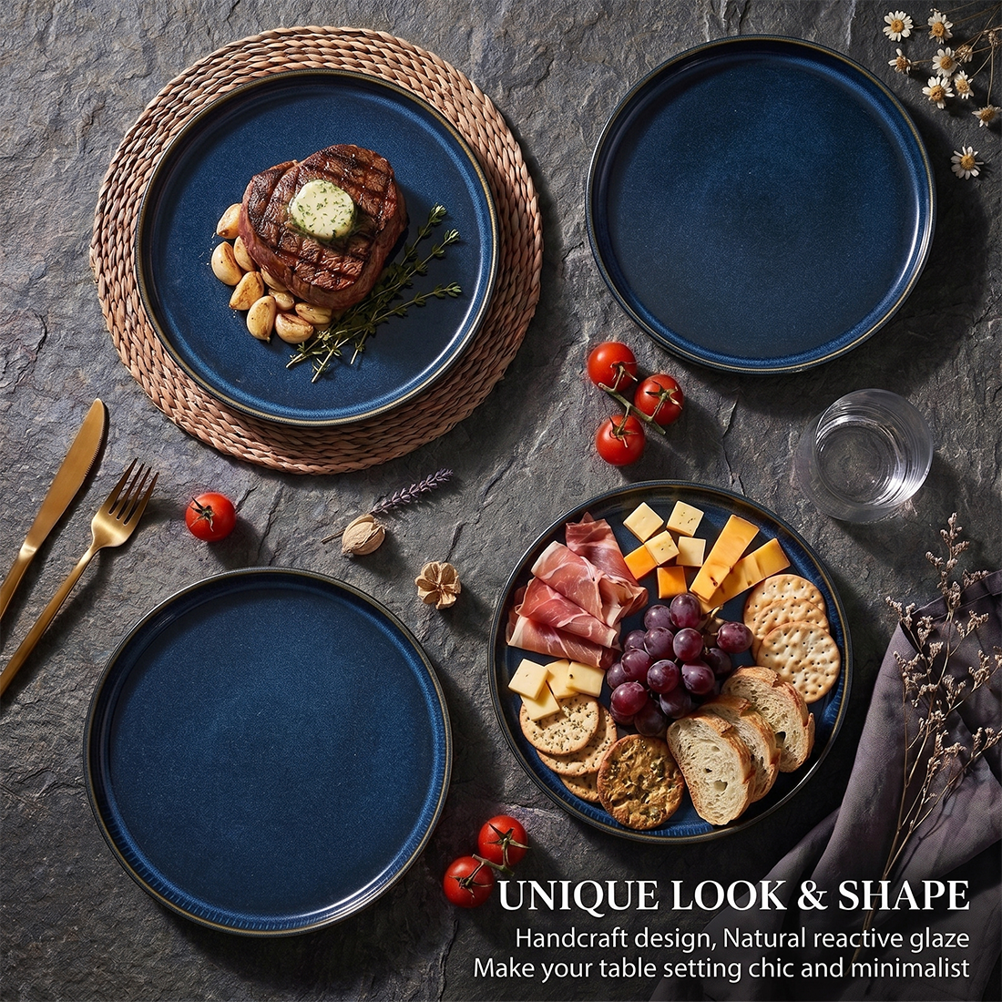 Vesteel Salad Plate for 4, 8 inch Stoneware Dinner plates with Textured Stripes, 4-Piece Ceramic Kitchen Plates for Dessert Salad, Dishwasher Safe & Microwave Safe, Ocean Blue