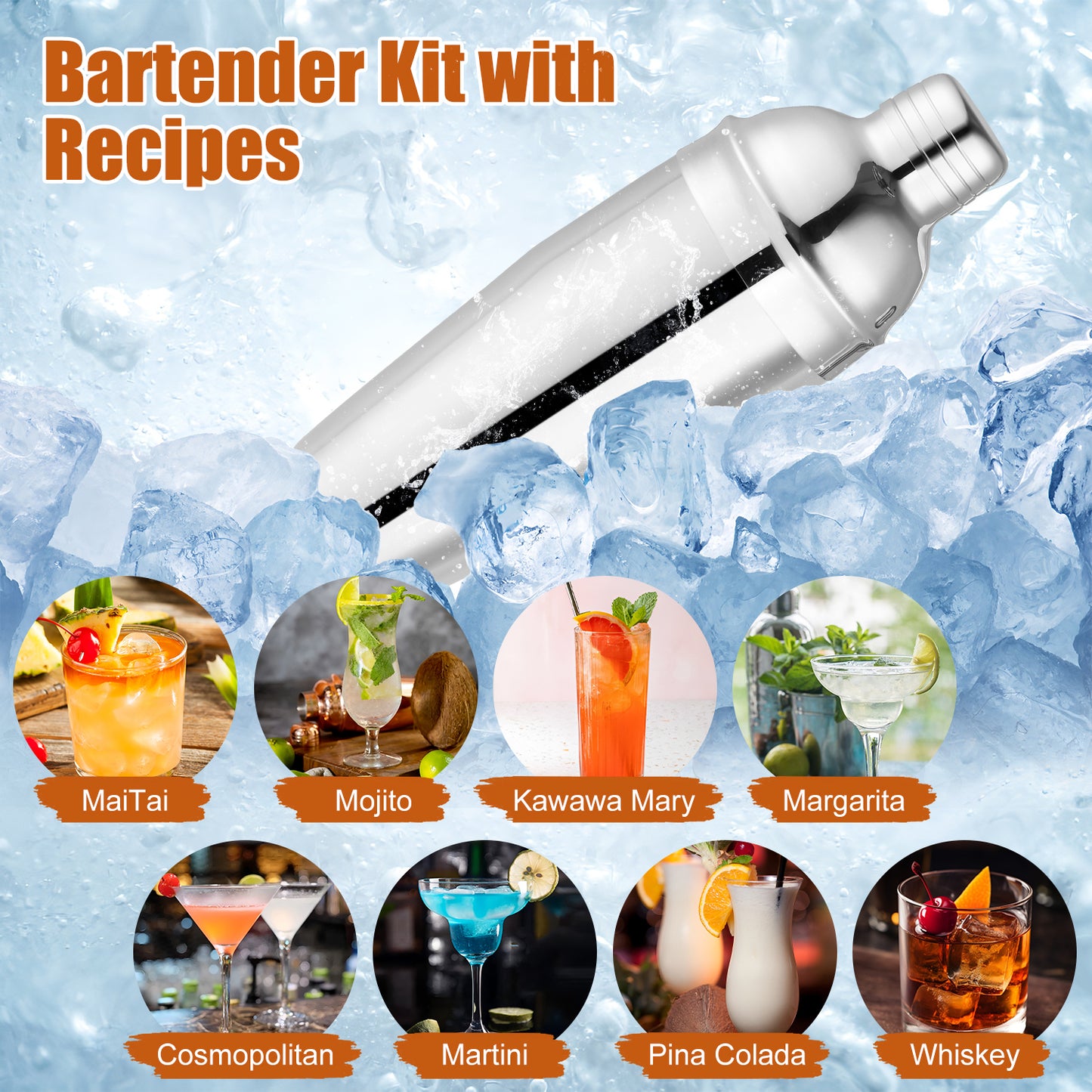 Vesteel Cocktail Shaker Set, 10Pcs Mixology Bartender Kit with Bamboo Stand, Bar Tool Set for Cocktail with Shaker, Jigger & Muddler, Bar Set, Silver