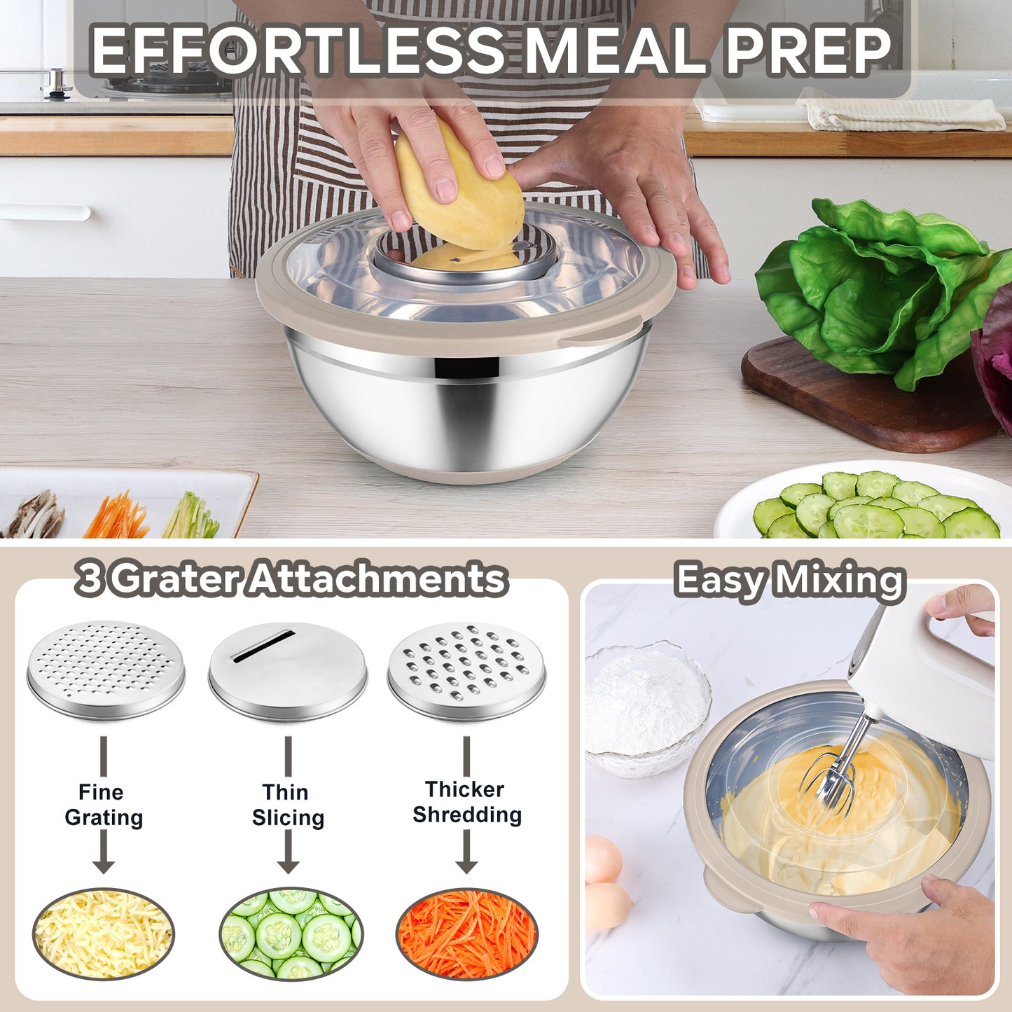 Vesteel Mixing Bowls with Lids Set of 7, Stainless Steel Nesting Bowls with Colander and 3 Graters for Draining Prepping Slicing, Nonslip Bottoms & Airtight Lid, Size 4.6, 2.6, 1.5 Qt, Khaki