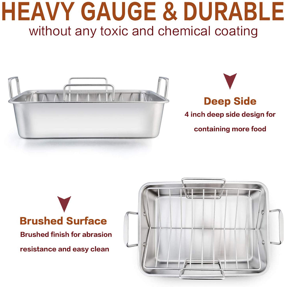 VeSteel Roasting Pan with Rack, Stainless Steel Turkey Roaster Include Deep Lasagna Pan & V-Shaped Rack & Roasting Rack, Heavy Duty & Dishwasher Safe - 17'' x 11.5'' x 5.5''