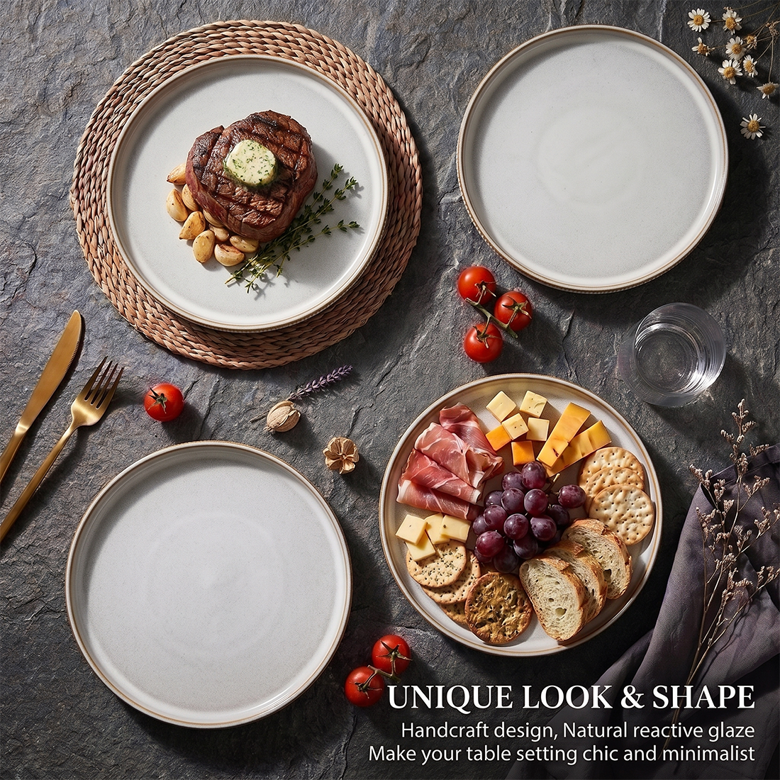 Vesteel Salad Plate for 4, 8 inch Stoneware Dinner plates with Textured Stripes, 4-Piece Ceramic Kitchen Plates for Dessert Salad, Dishwasher Safe & Microwave Safe, Seashell White