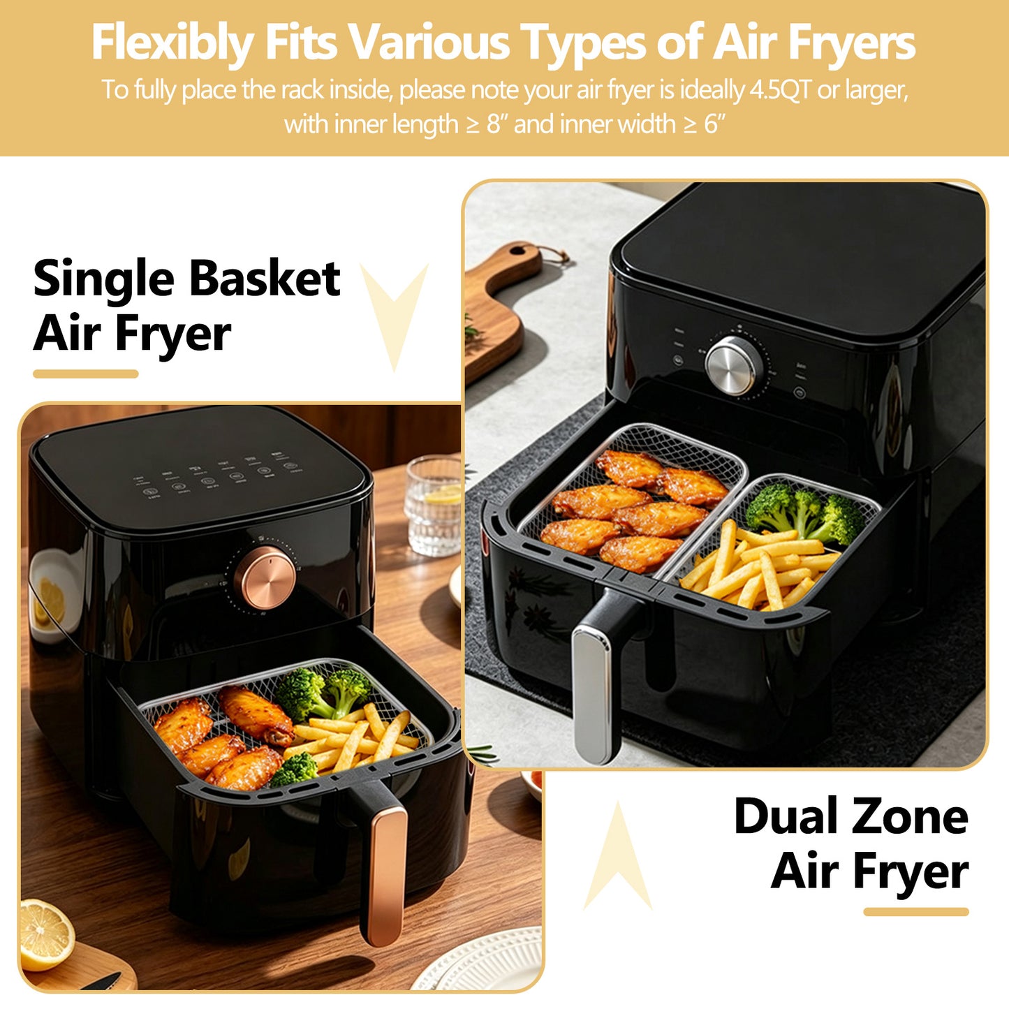 Vesteel Stainless Steel Air Fryer Racks, 3-Layer 7.7’’ x 5.3” Frying Basket Accessories, Stackable Rectangular Dehydrator Racks for Baking Roasting, Includes Silicon Feet & Clip, Dishwasher Safe