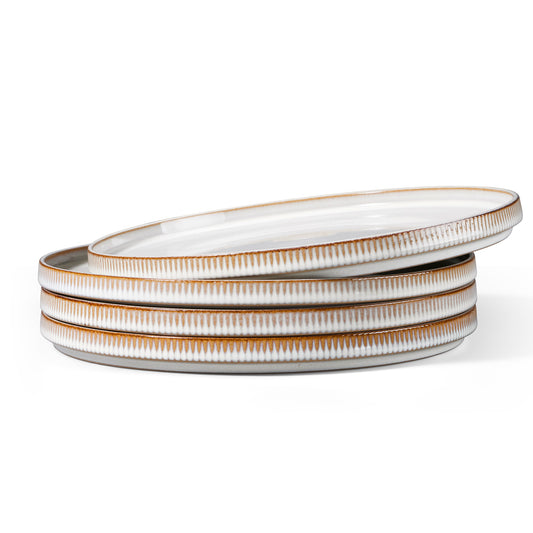Vesteel 4 Pieces Dinner Plates Set, Premium Stoneware Ribbed Dishes, Chip & Scratch Resistant Ceramic Set for Home Restaurant, Microwave and Dishwasher Safe - Seashell White